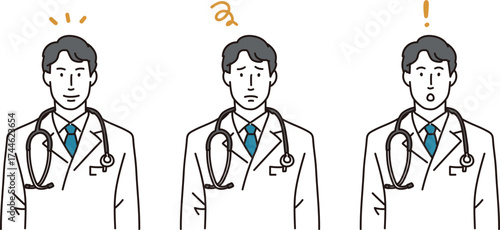 若い白衣の男性医師の表情バリエーションのイラストセット