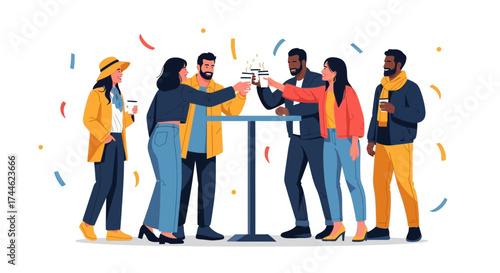 Friends Celebrating With Coffee Cups Toasts, Friendship and Modern Party Illustration
