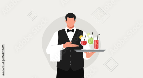 Formal Server Presenting Cocktails On Tray In A Classy And Luxurious Manner