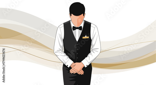 Formal Service Figure Bowing in Respectful Gesture Near Abstract Gold and White Waves