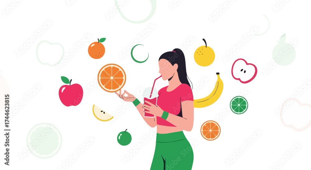 Fototapeta premium Fresh Fruits And Active Woman Preparing Healthy Drink For Fitness And Body Wellness