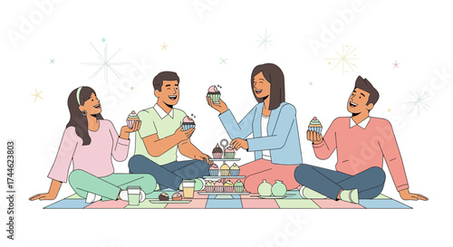 Friends enjoying a picnic with cupcakes joyful moment outdoors on a sunny day