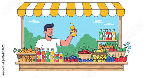 Fresh Fruit Market Stall Illustration Showcasing Drinks and Healthy Food Products for Sale