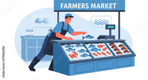 Fresh Fish Selection At Farmers Market: A Vector Illustration Of Seafood Display
