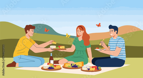 Friends Enjoying A Relaxing Outdoor Picnic Amidst Lush Scenery And Butterflies