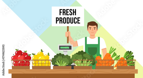Fresh Fruits And Vegetables Merchant Displaying Produce at the Market Stand