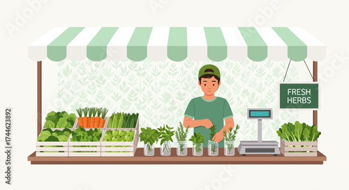 Fresh Herbs and Produce at a Local Market Stand with a Young Vendor Selling.