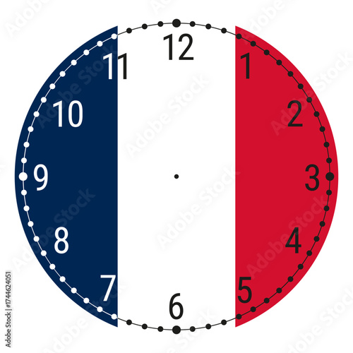 Clock Face with French Flag Colors – Blue White Red Tricolor Watch Dial Vector Design