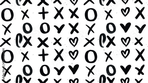 Black and white pattern of Xs Os hearts and plus signs.