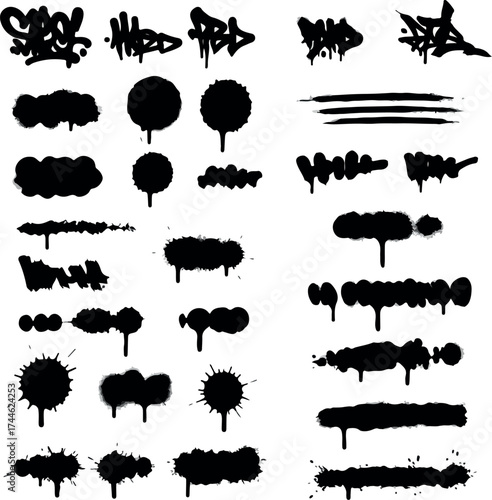 Black graffiti spray paint elements set on white background for design.