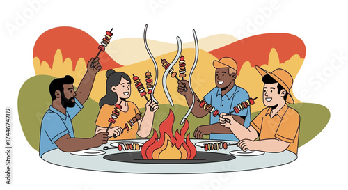 Friends Gathered Around A Campfire Enjoying Kebabs And Each Other's Company