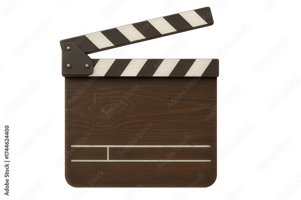 Fototapeta premium Wooden clapperboard opening, symbolizing filmmaking, movie production, cinema, action, and creative direction with transparent background