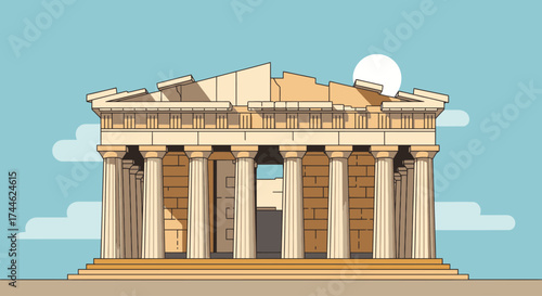 Illustrative Depiction of Ancient Greek Architecture, Parthenon Temple, for Educational Materials and Historical Context Presentations.