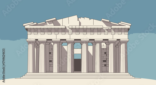 Illustrated Parthenon Depiction for Educational Purposes, Historical Studies, and Travel Guides, Ideal for Architectural Presentations and Ancient Greece Visualizations