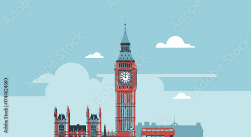 Illustrated London cityscape featuring Big Ben, Westminster Palace, and a red double-decker bus for travel guides, tourism promotions, and educational materials.