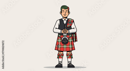 Cartoon Illustration of a Man Wearing Traditional Scottish Kilt and Attire for Cultural Representation and Educational Resources