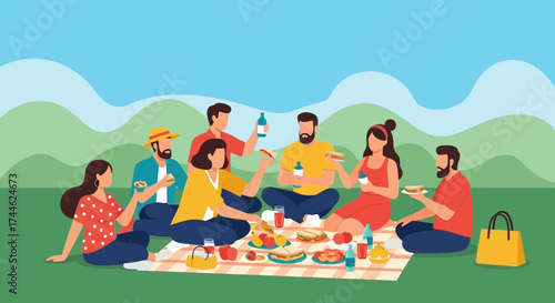 Friends Gathering Enjoying Outdoor Picnic With Food, Drink, And Fun In Nature Moments