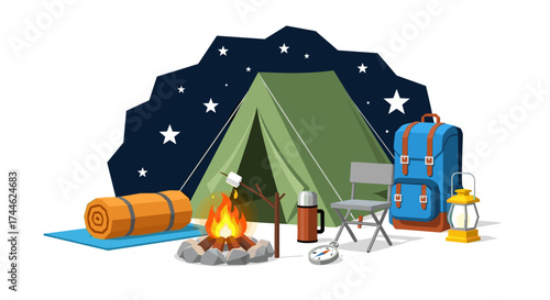 Illustration of a campsite at night with a tent, campfire, backpack, and camping equipment setup