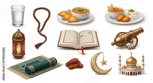 A still life composition featuring ramadan elements such as food, prayer items, and islamic symbols