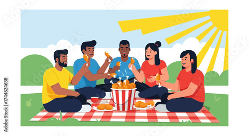 Friends Gathering Outdoors: Enjoying Fried Chicken on a Picnic Blanket Under the Sun