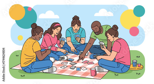 Friends Playing Cards Together Outside During A Relaxing Sunny Day In The Park