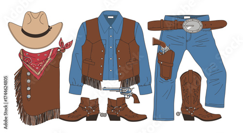 Cowboy Costume Isolated on White Background for Themed Events, Children's Parties, Western Reenactments, and Educational Projects Related to American West History and Culture