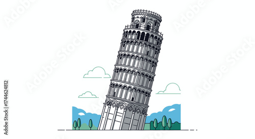 Iconic Leaning Tower of Pisa Illustration for Travel Guides, Educational Materials and Architectural Studies Featuring an Unique Italian Landmark