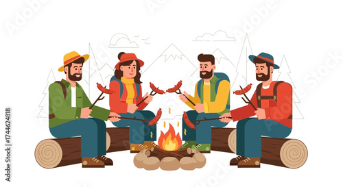 Friends roasting sausages around a campfire in nature, camping outdoor activity concept
