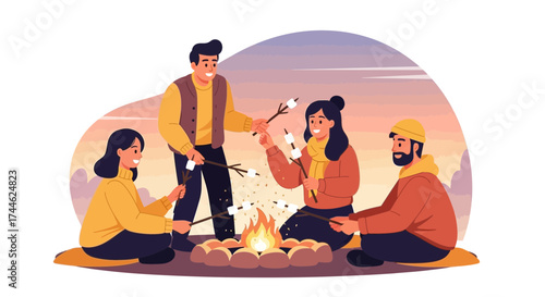 Friends roasting marshmallows around a campfire during a camping trip or outdoor adventure