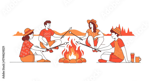 Friends Roasting Marshmallows Around Campfire During Camping Trip For Fun and Relaxation