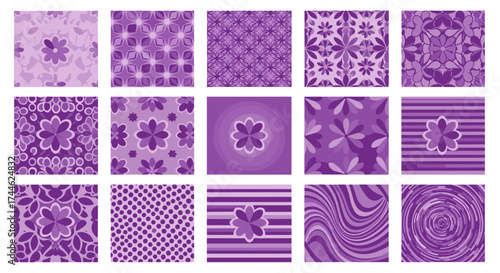 Collection of fifteen purple patterned rectangles featuring floral and abstract designs in various styles