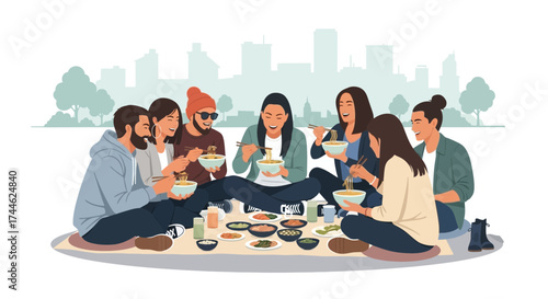 Friends Sharing Delicious Meal Enjoying Culinary Experience Outdoors Together, Cityscape