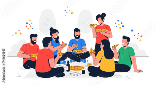 Friends Sharing Pizza and Enjoying Gathering Together in Cheerful Afternoon