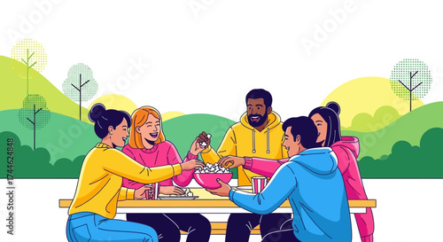 Friends Sharing Food And Enjoying Moments Together Outdoors On A Sunny Day