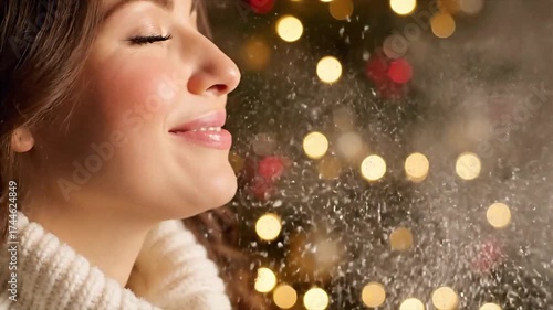 Woman blowing snow in front of Christmas tree lights