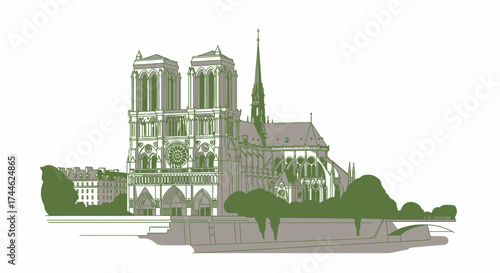 Notre Dame Cathedral Illustration with Seine River View for Travel Promotion and Architectural Studies, Showcasing Parisian Landmark.