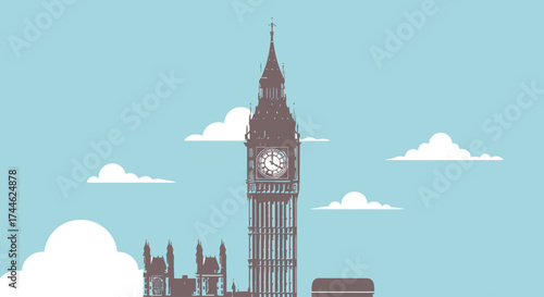 Minimalist Vector Illustration of Big Ben and London Skyline Against a Light Blue Sky, Suitable for Travel Guides and City Promotion