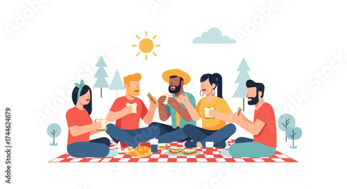 Friends Sharing Sandwiches, Relaxing And Enjoying Outdoor Time Together Picnic Illustration