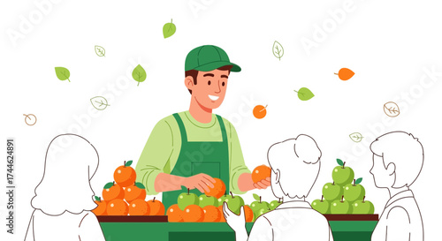 Fruit Merchant Offers Fresh Produce To Customers In An Appealing Autumnal Outdoor Market Scene