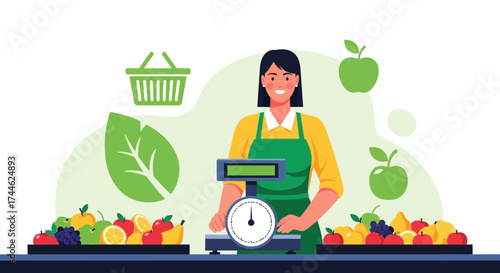Fruit Market Seller Weighing Fresh Produce and Basket Ready for Shopping Healthy Food