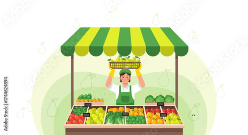 Fruit Seller Under Canopy at Market, Presenting Fresh Harvested Produce For Sale