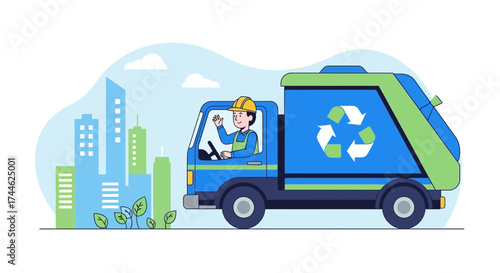 Garbage Collector Driving Truck Through City, Promoting Eco-Friendly Practices for Recycling