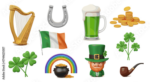 A festive st patrick's day scene featuring a harp, horseshoe, beer, coins, flag, and more elements