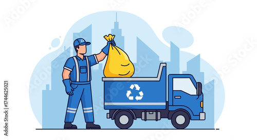 Garbage collector putting a bag of trash into a recycling truck in urban environment
