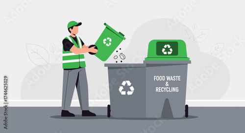Garbage Collector Recycling Food Waste Into Appropriate Bins For Environmental Preservation