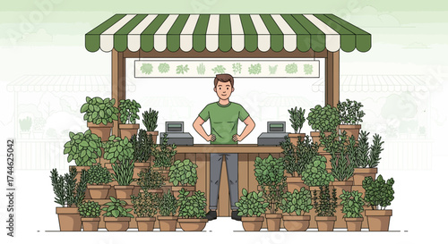 Garden Market Vendor with Fresh Herbs and Greenery Displayed for Sale and Shoppers