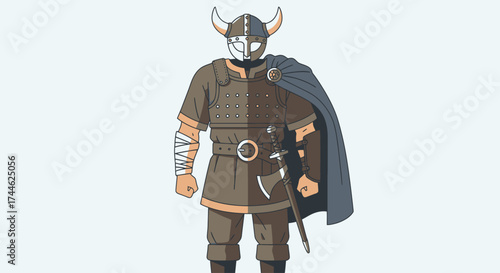 Illustrated Viking Warrior with Horned Helmet and Sword, Ideal for Historical Education Materials and Graphic Design Projects on Norse Culture