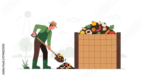 Gardener composting organic waste in a garden illustration for environmental sustainability