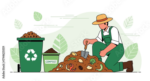 Gardener Composting Organic Waste With Recycle Bins for Environmental Sustainability