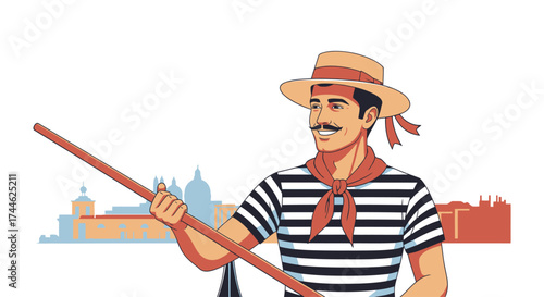 Gondolier in Venice Illustration Depicting Traditional Culture and Tourism. Suitable for Travel Brochures, Educational Material, and Cultural Promotion
